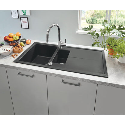 GROHE K400 Inset Mount One and Half Bowl, Quartz Composite Kitchen Sink For 600mm Cabinet in Stainless Steel Black 57041470 Lifestyle