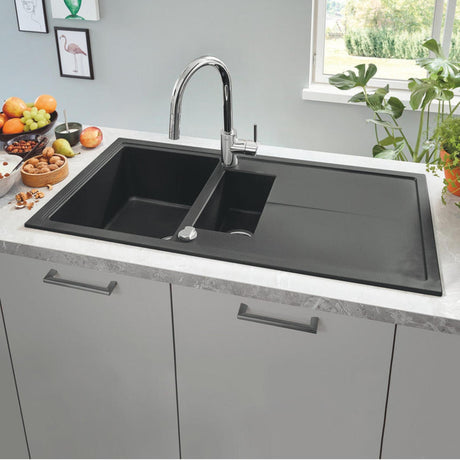 GROHE K400 Inset Mount One and Half Bowl, Quartz Composite Kitchen Sink For 600mm Cabinet in Stainless Steel Black - Lifestyle