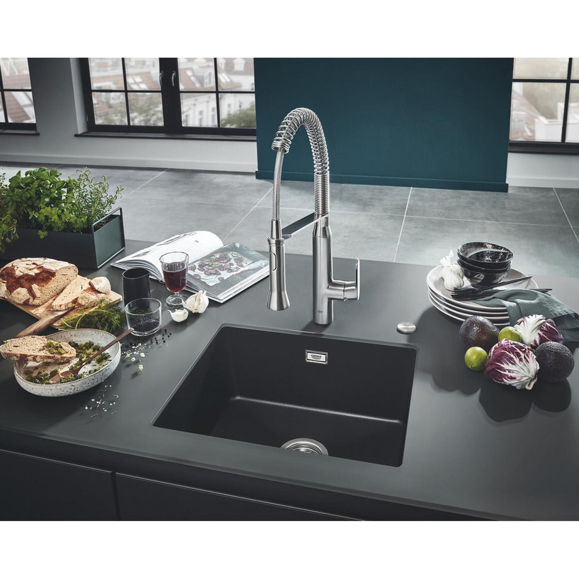 GROHE K700 Undermount, Inset Mount Single Bowl Kitchen Sink For 600mm Cabinet in Stainless Steel Black 57042400 Lifestyle 