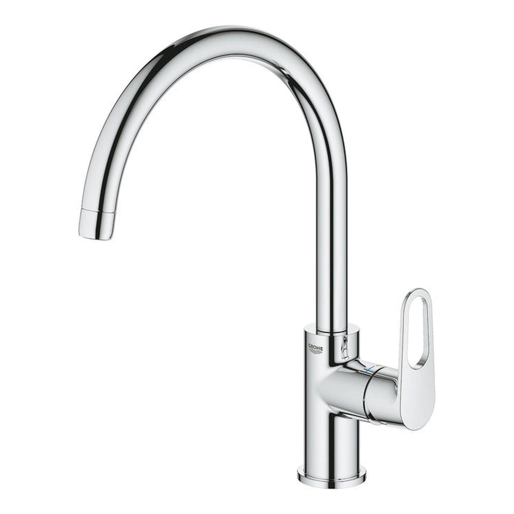 Grohe Bauflow C-Spout Mixer Tap with Single Lever in Polished Chrome Left View