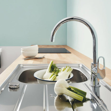 Grohe Bauflow C-Spout Mixer Tap with Single Lever in Polished Chrome Life Style