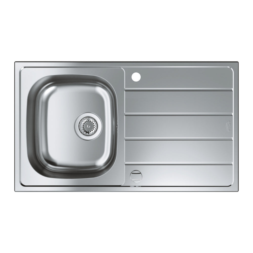 Grohe K200 Inset Mount Single Bowl with Drainer Kitchen Sink for 450mm Cabinet in Stainless Steel Satin - Front View Left
