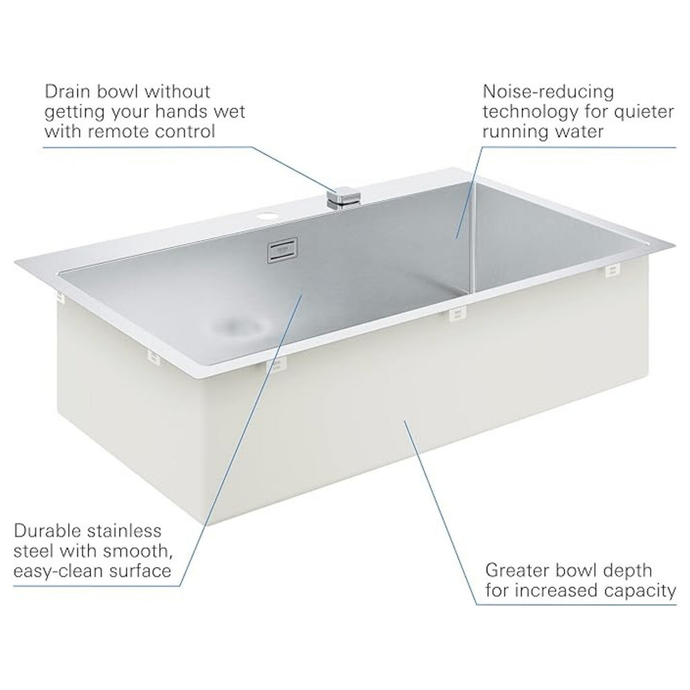 Grohe K800 Flush Mount Single Bowl Kitchen Sink for 900mm Cabinet In Stainless Steel Satin Parts