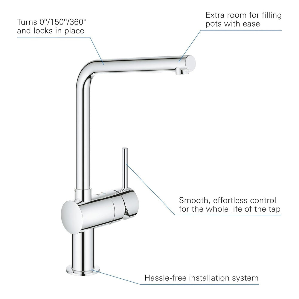 Grohe Minta Contemporary L-Spout Mixer Tap with Single Lever Mixer in Polished Chrome Parts
