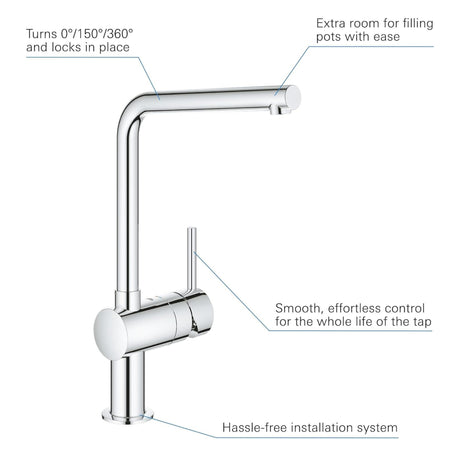 Grohe Minta Contemporary L-Spout Mixer Tap with Single Lever Mixer in Polished Chrome Parts