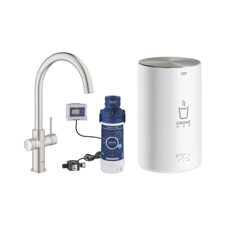 Grohe Red Duo C-Spout 3 Litres Tap with Instant Hot Water and Mixer in Super Steel