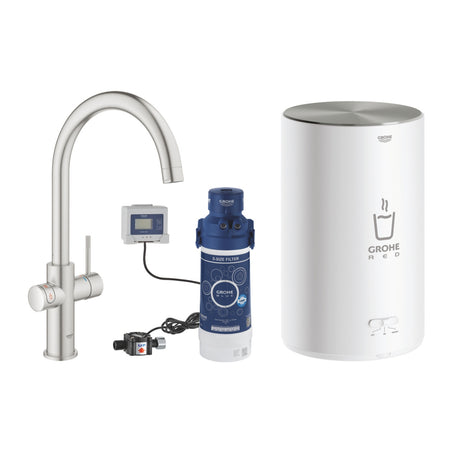 Grohe Red Duo C-Spout 3 Litres Tap with Instant Hot Water and Mixer in Super Steel