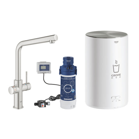 Grohe Red Duo Instant Boiling Water L-Spout Kitchen Mixer Tap with 3 Litre Boiler & CoolTouch Technology in Super Steel