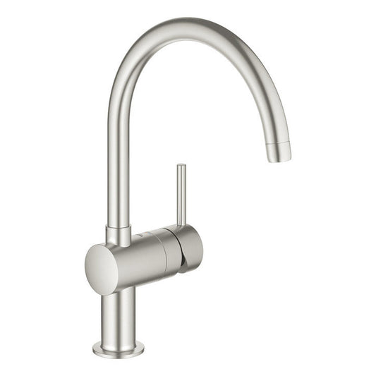 Grohe Vento Contemporary C-Spout Mixer Tap With Single Lever Monobloc In Brushed Super Steel 57760070