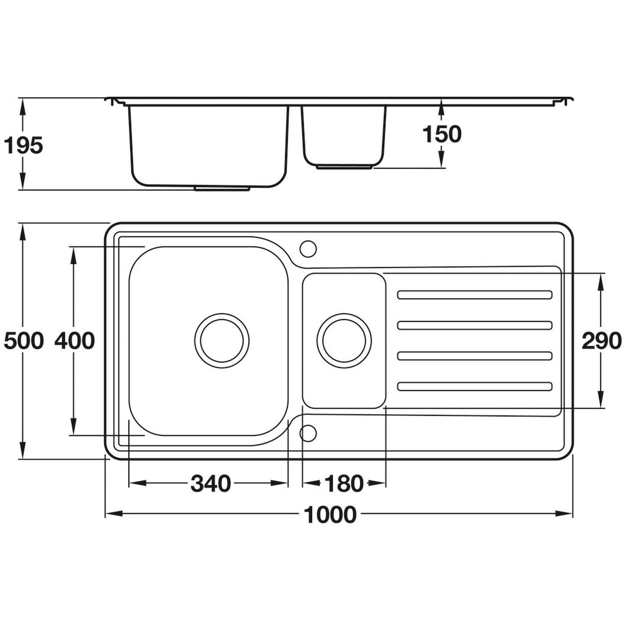 Häfele Abbey  Inset Mount One And Half Bowl Kitchen Sink For 600mm Cabinet in Stainless Steel Polished 56745080 Dimension