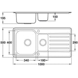 Häfele Abbey  Inset Mount One And Half Bowl Kitchen Sink For 600mm Cabinet in Stainless Steel Polished 56745080 Dimension