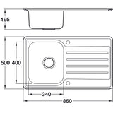 Häfele Abbey Reversible Sink For 450mm With Single Bowl And Drainer  in Stainless Steel 56745060 Dimension