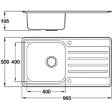Häfele Veneto Reversible Sink For 500mm With Single Bowl And Drainer in Stainless Steel 56745070 Dimension