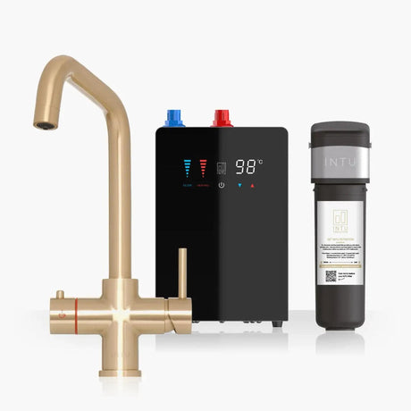 INTU 4OUR 4 in 1 Instant Boiling Water Kitchen Tap in Brushed Gold With Square Neck and Nexus Tank