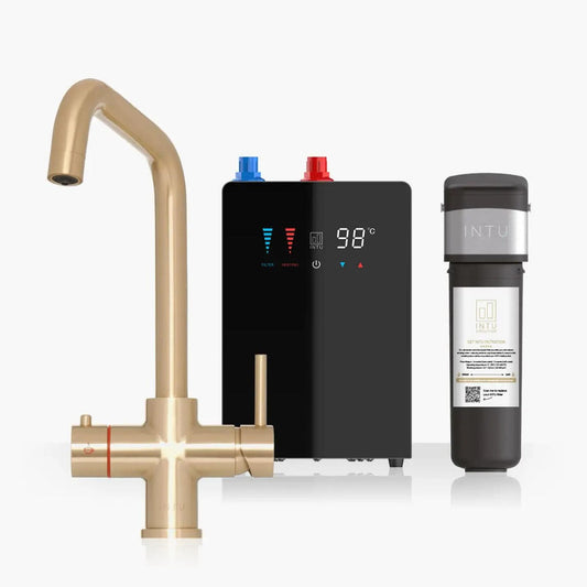 INTU 4OUR 4 in 1 Instant Boiling Water Kitchen Tap in Brushed Gold With Square Neck and Nexus Tank-The Tap Collection