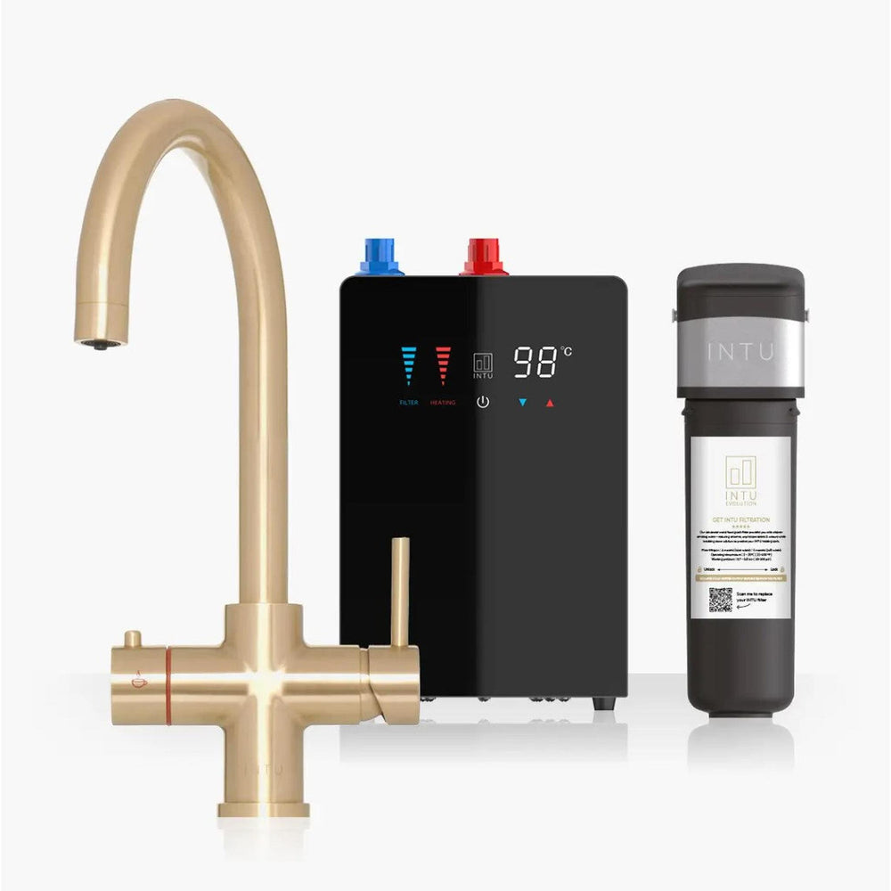 INTU 4OUR 4 in 1 Instant Boiling Water Kitchen Tap in Brushed Gold With Swan Neck and Nexus Tank-The Tap Collection