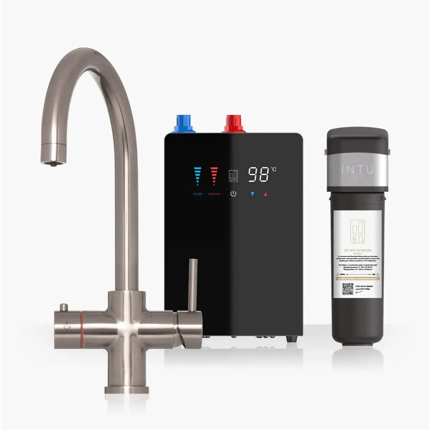 INTU 4OUR 4 in 1 Instant Boiling Water Kitchen Tap in Brushed Nickel With Swan Neck and Nexus Tank-The Tap Collection