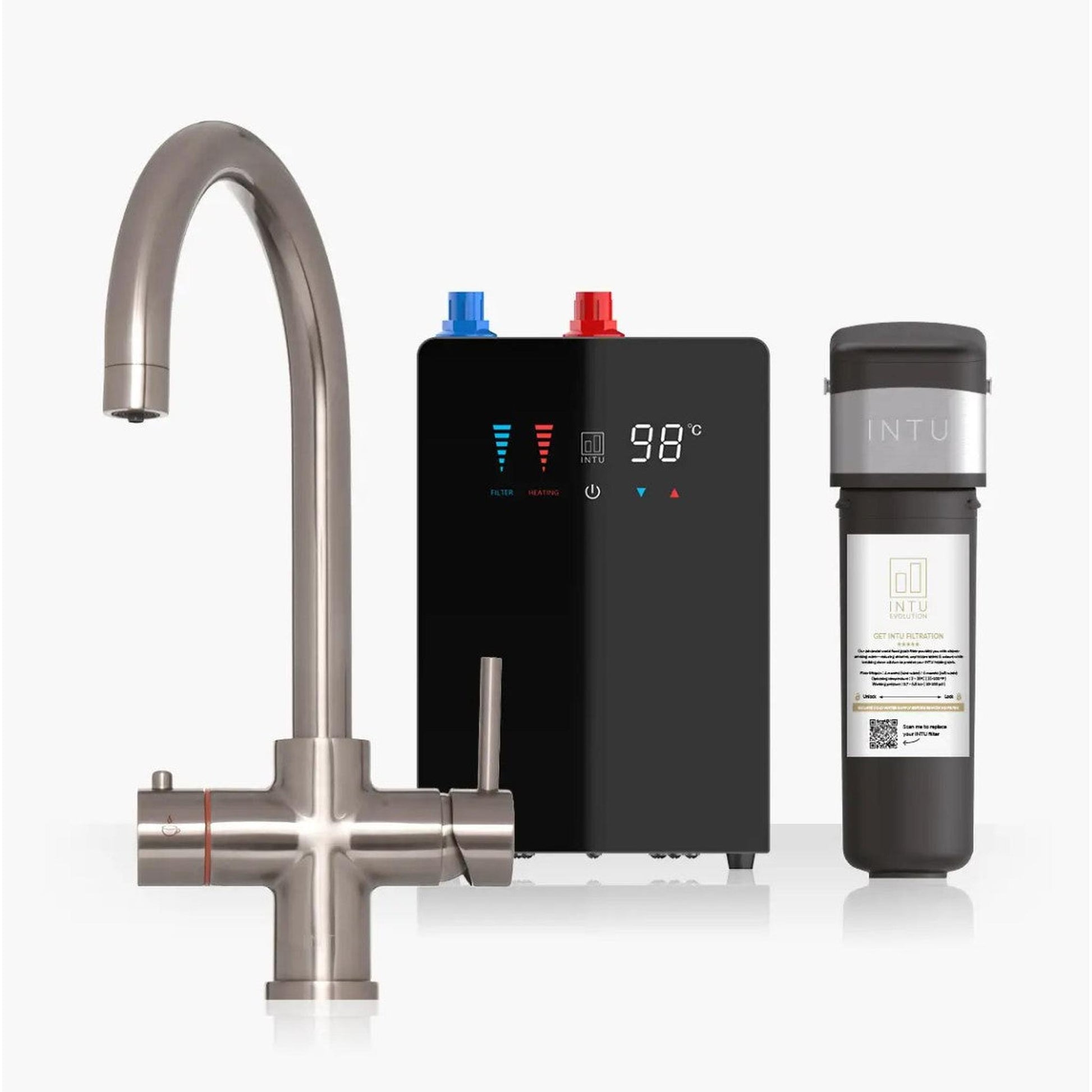 INTU 4OUR 4 in 1 Instant Boiling Water Kitchen Tap in Brushed Nickel With Swan Neck and Nexus Tank-The Tap Collection