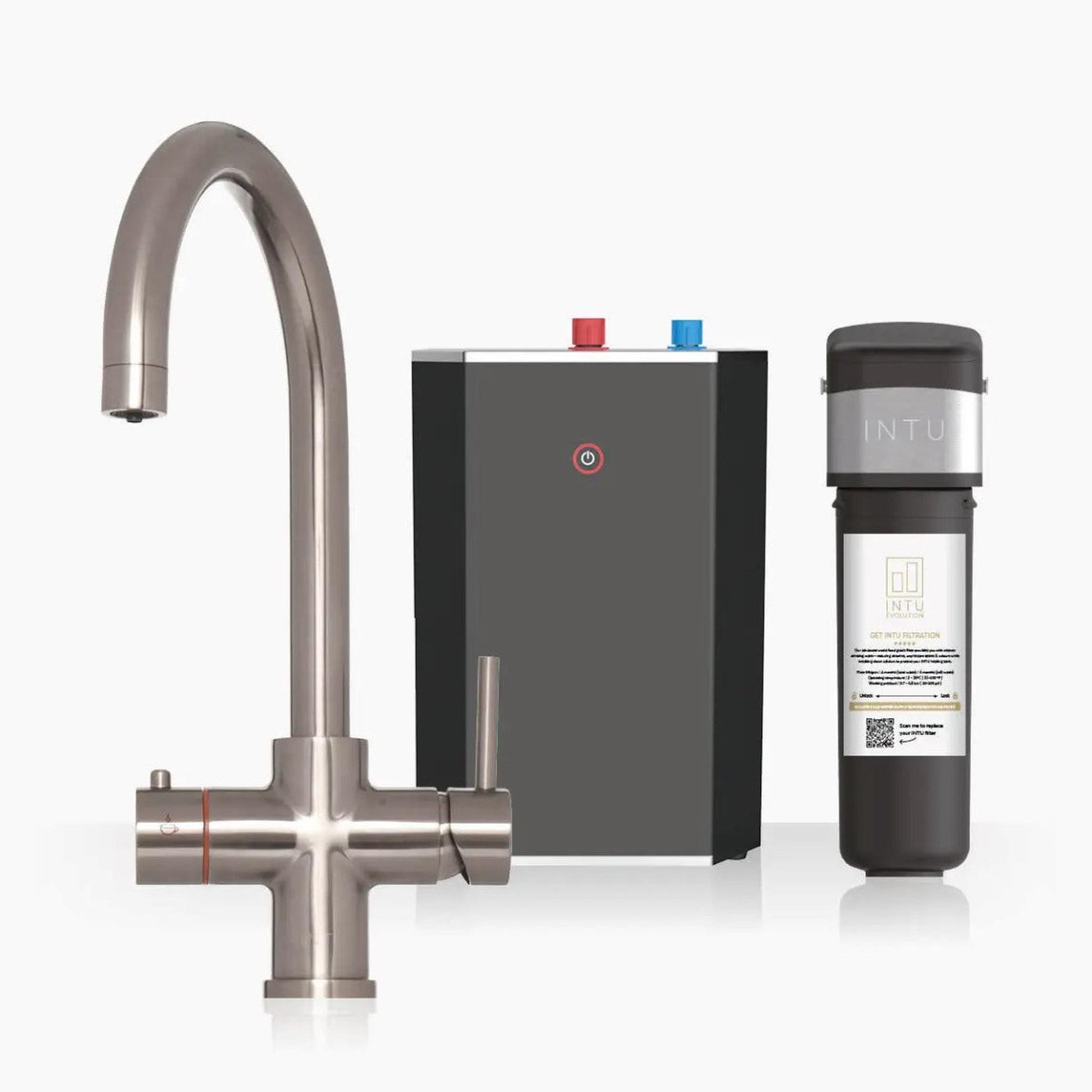 INTU Asprey 3 in 1 Instant Boiling Water Kitchen Tap in Brushed Nickel With Swan Neck and Solo Noir Tank-The Tap Collection