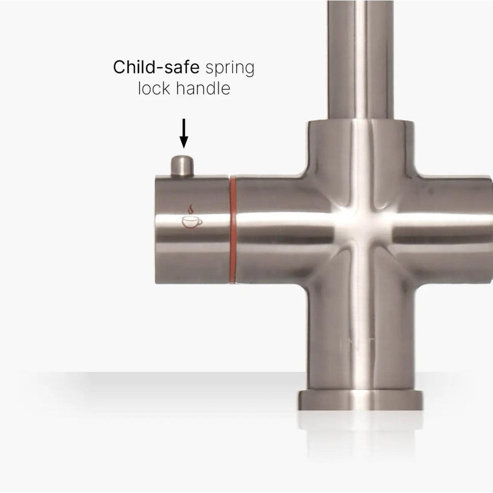 INTU Asprey 3 in 1 Instant Boiling Water Kitchen Tap in Brushed Nickel With Swan Neck and Solo Noir Tank-The Tap Collection