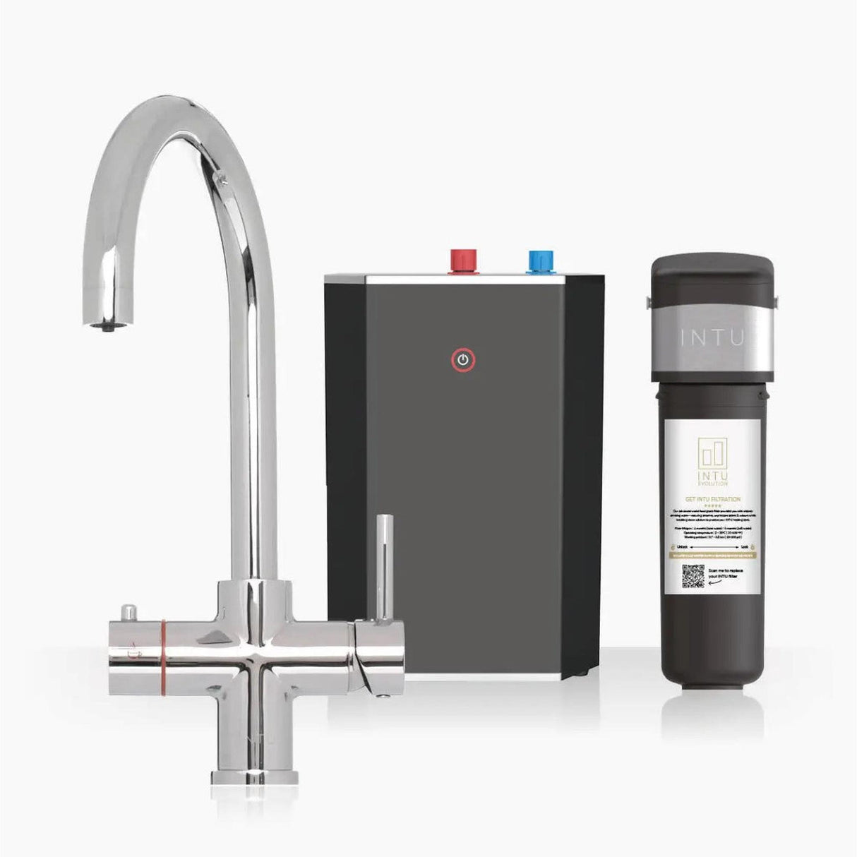 INTU Asprey 3 in 1 Instant Boiling Water Kitchen Tap in Chrome With Swan Neck and Solo Noir Tank