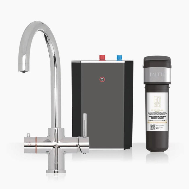 INTU Asprey 3 in 1 Instant Boiling Water Kitchen Tap in Chrome With Swan Neck and Solo Noir Tank