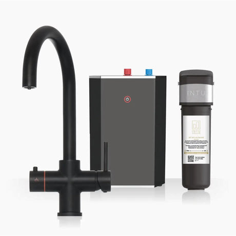 INTU Asprey 3 in 1 Instant Boiling Water Kitchen Tap in Matt Black With Swan Neck and Solo Noir Tank