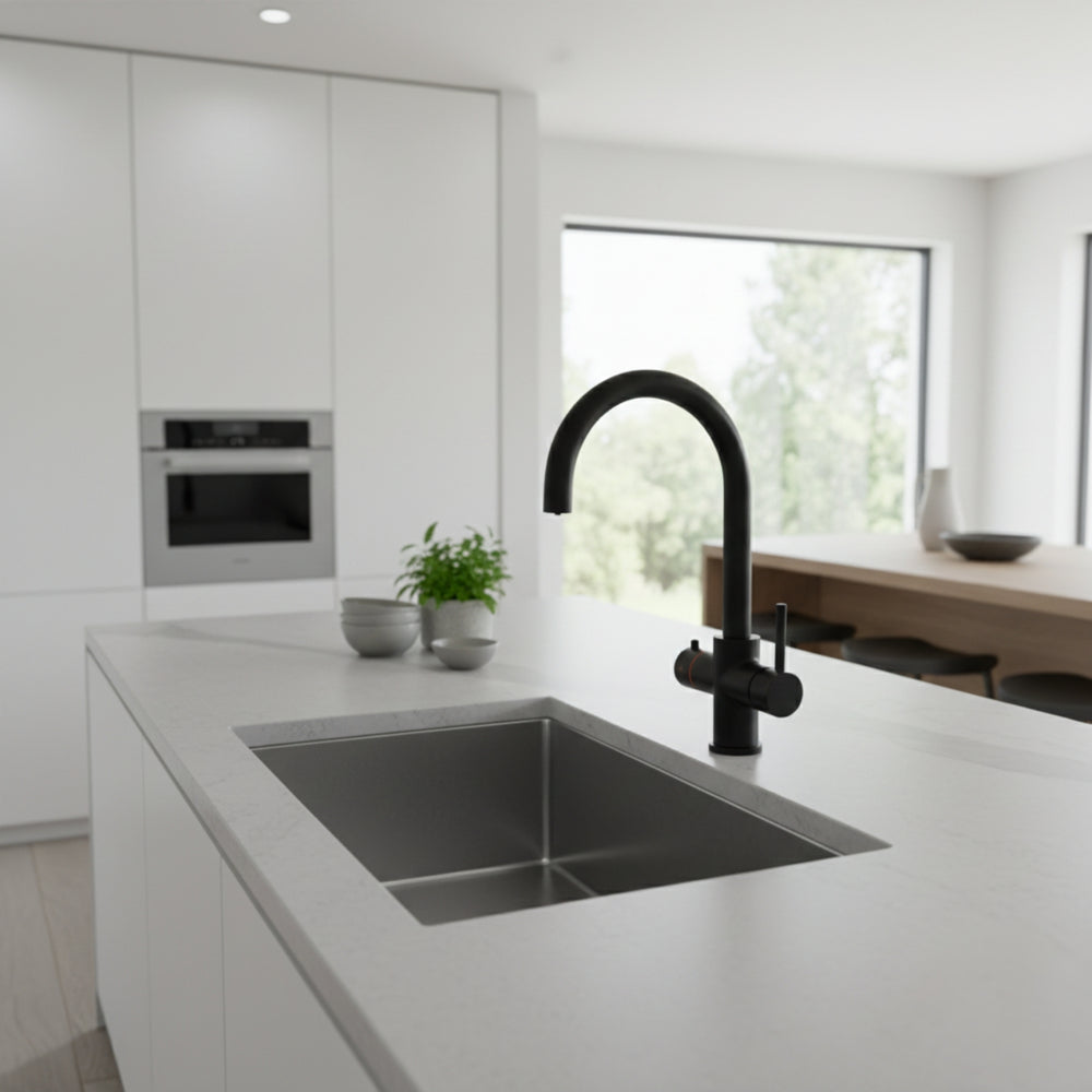 INTU Asprey 3 in 1 Instant Boiling Water Kitchen Tap in Matt Black With Swan Neck and Solo Noir Tank Life Style