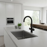 INTU Asprey 3 in 1 Instant Boiling Water Kitchen Tap in Matt Black With Swan Neck and Solo Noir Tank Life Style