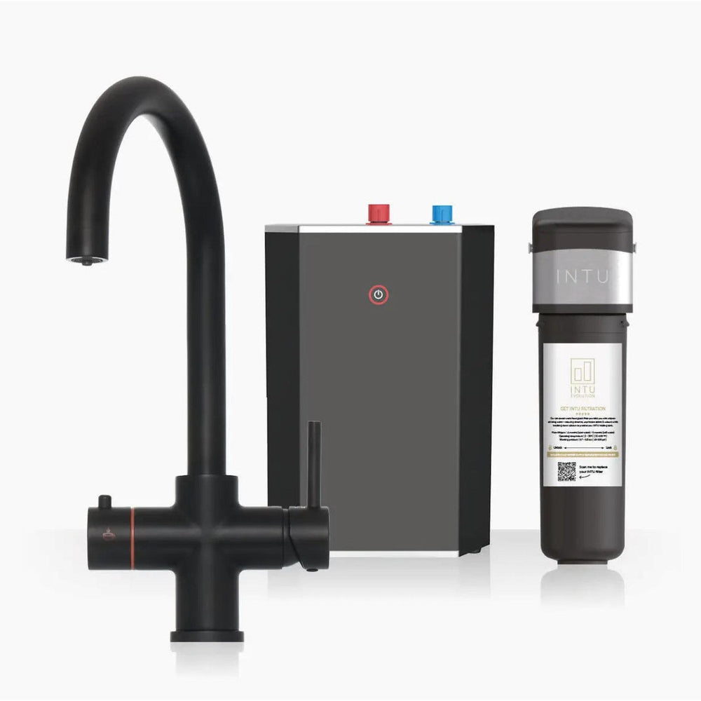 INTU Asprey 3 in 1 Instant Boiling Water Kitchen Tap in Matt Black With Swan Neck and Solo Noir Tank-The Tap Collection