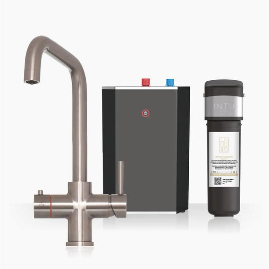 INTU Expression 3 in 1 Instant Boiling Water Kitchen Tap in Brushed Nickel With Square Neck and Solo Noir Tank-The Tap Collection