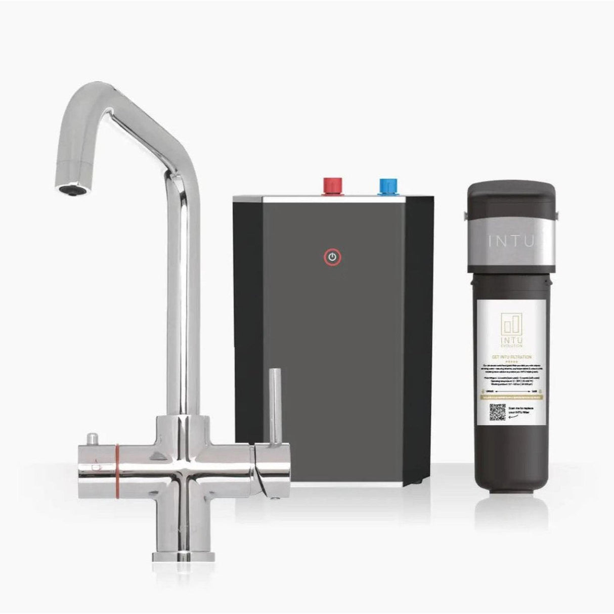 INTU Expression 3 in 1 Instant Boiling Water Kitchen Tap in Chrome With Square Neck and Solo Noir Tank-The Tap Collection