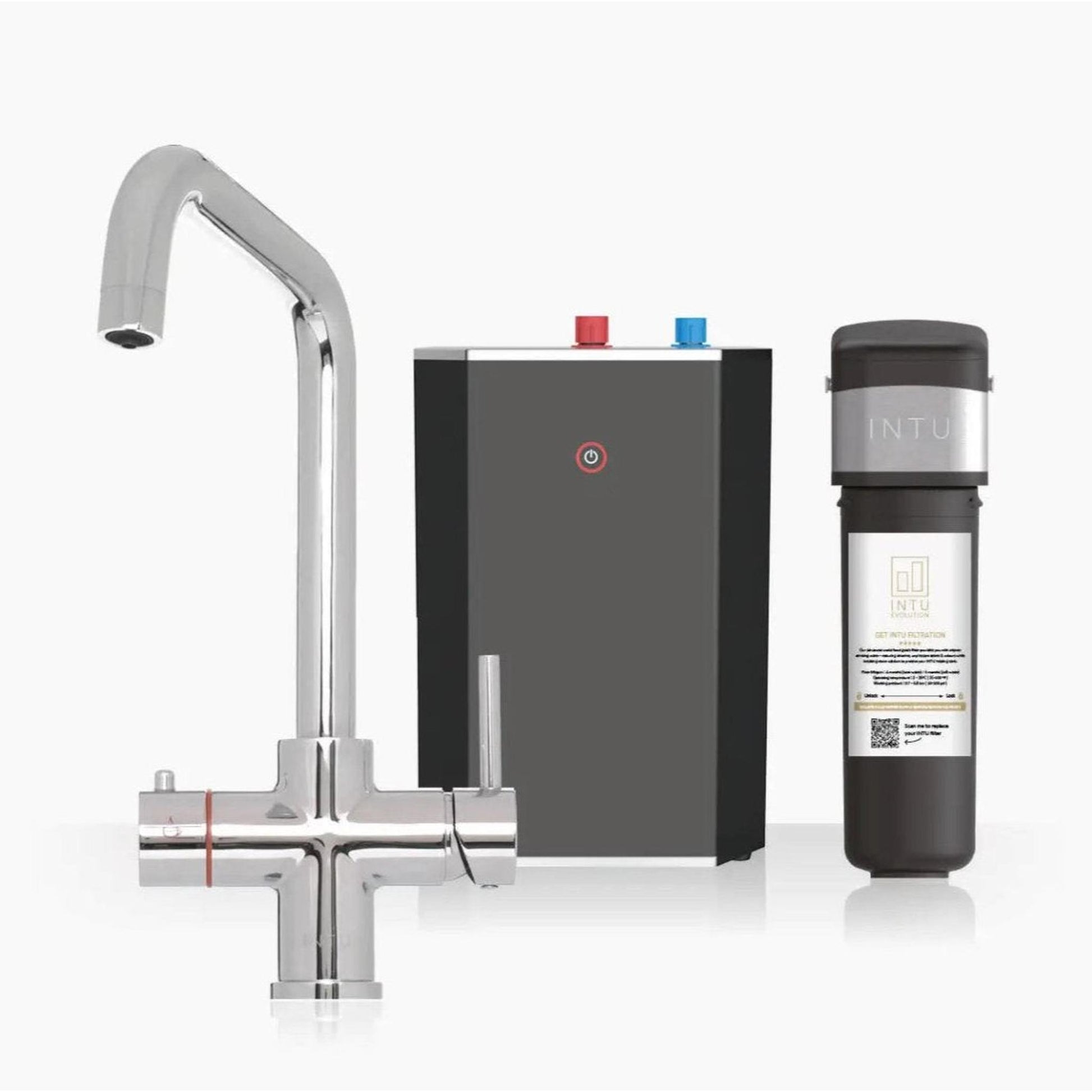 INTU Expression 3 in 1 Instant Boiling Water Kitchen Tap in Chrome With Square Neck and Solo Noir Tank-The Tap Collection