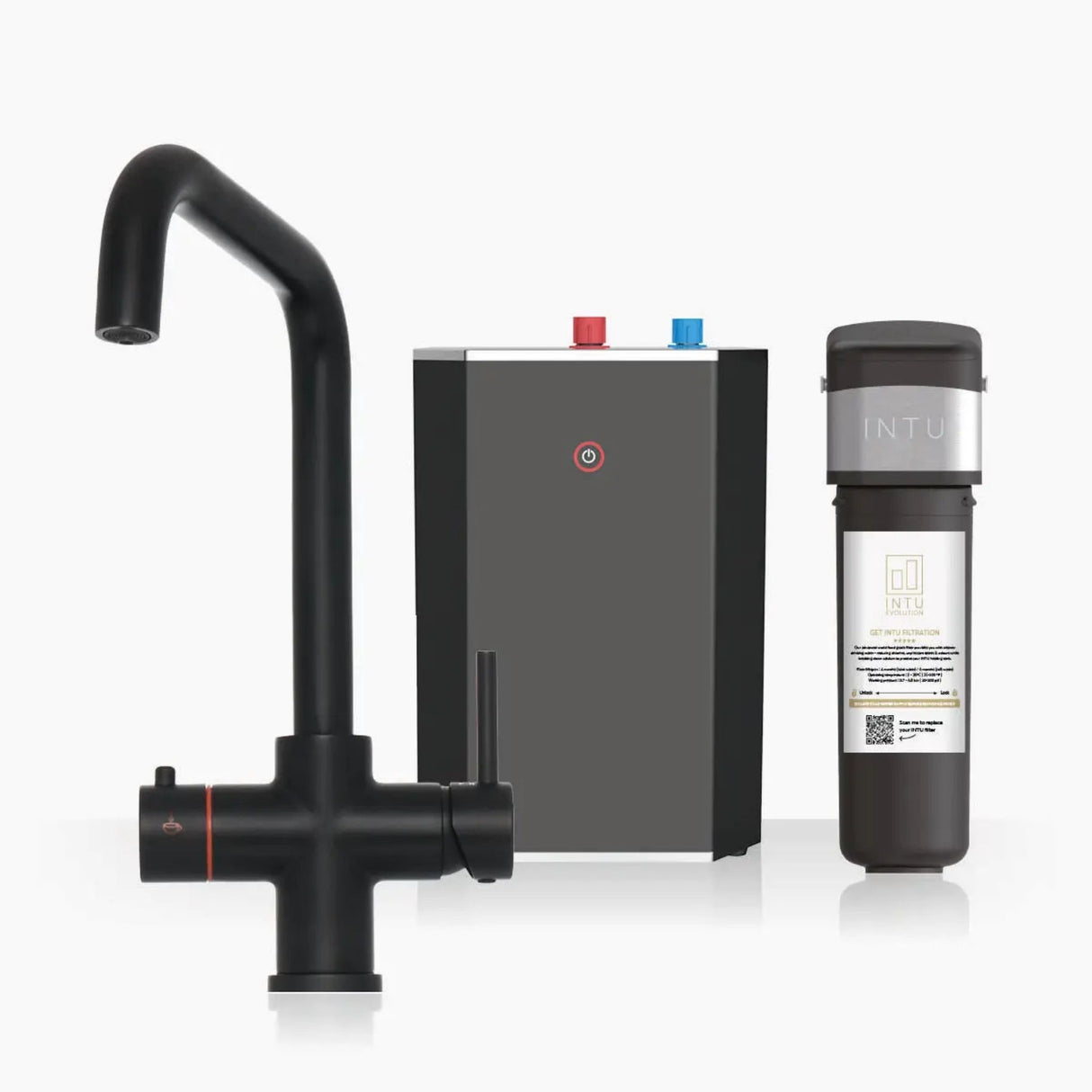 INTU Expression 3 in 1 Instant Boiling Water Kitchen Tap in Matt Black With Square Neck and Solo Noir Tank