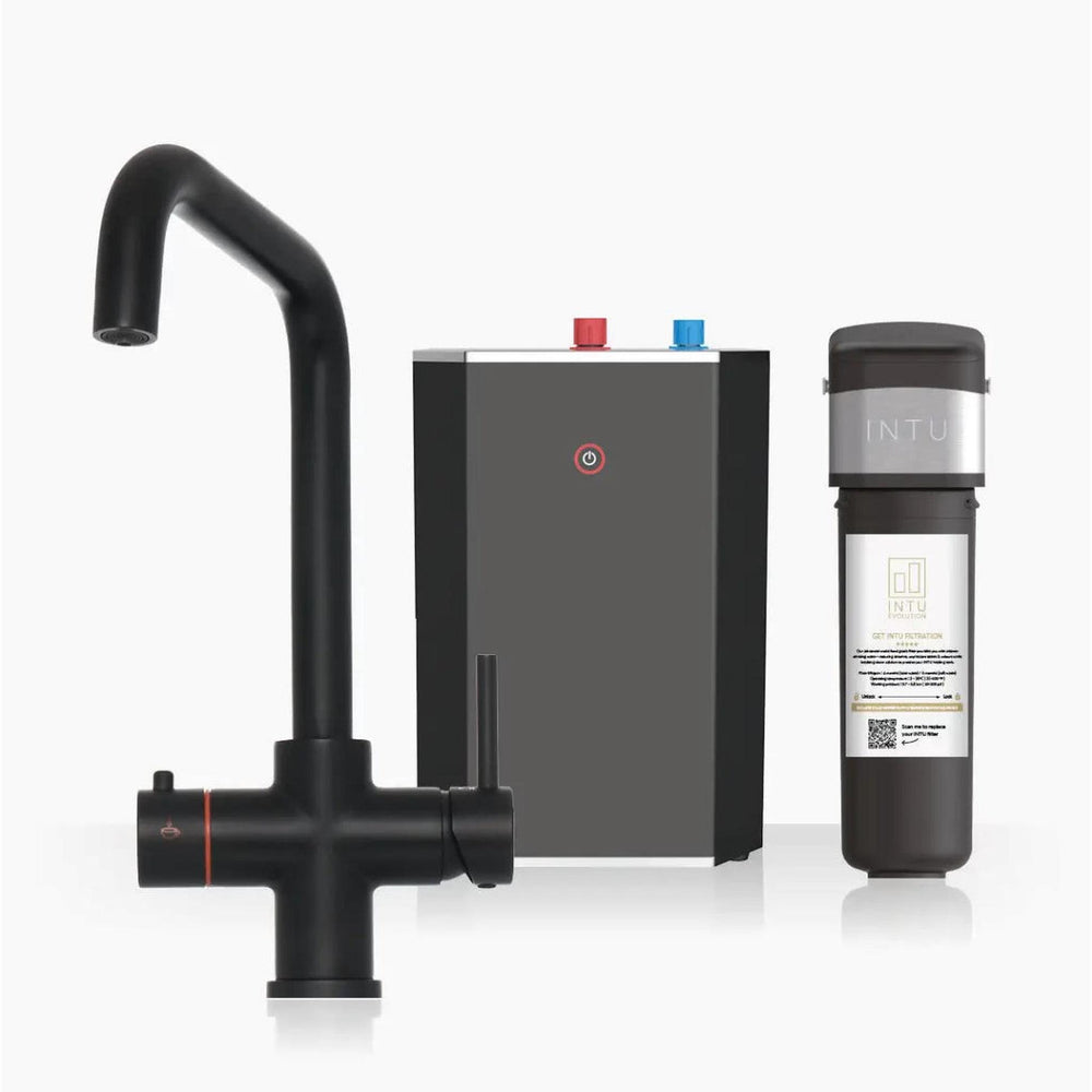 INTU Expression 3 in 1 Instant Boiling Water Kitchen Tap in Matt Black With Square Neck and Solo Noir Tank-The Tap Collection