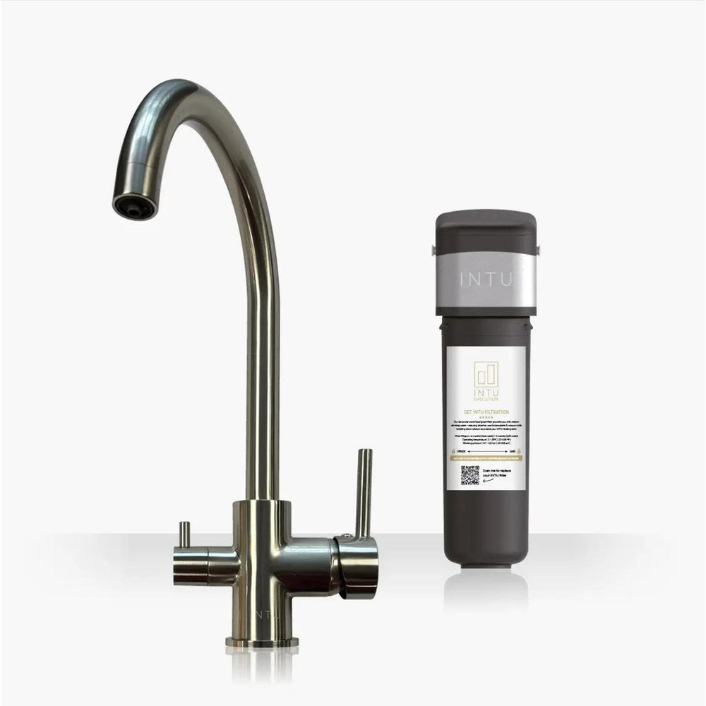 INTU Flair 3 in 1 Filtered Cold Water Kitchen Tap in Brushed Nickel With Swan Neck-The Tap Collection