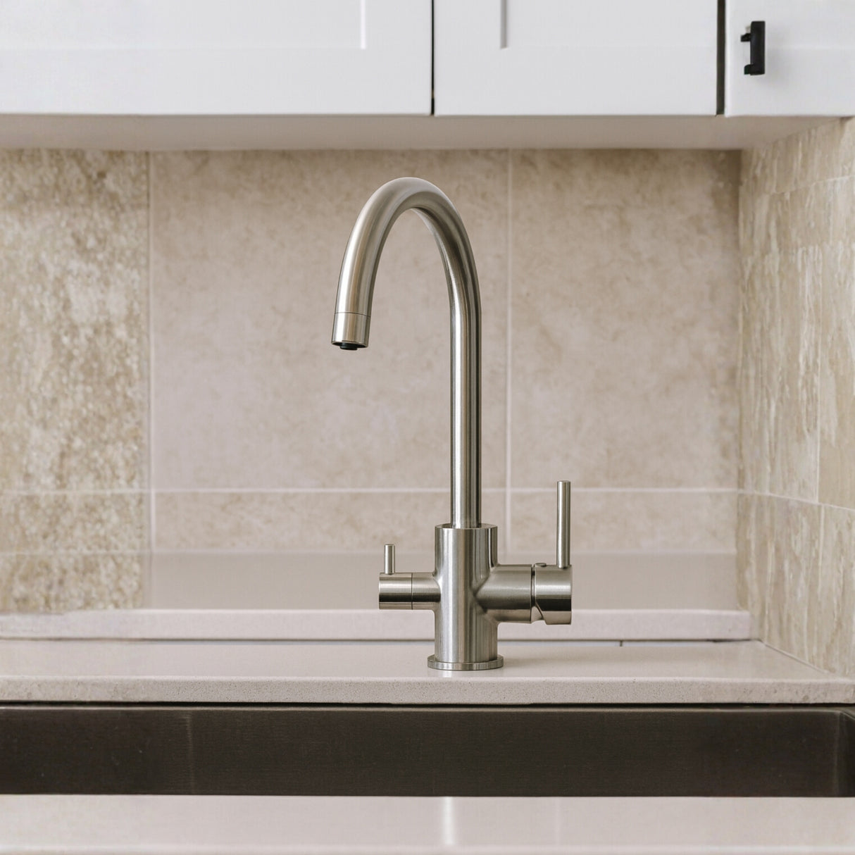 INTU Flair 3 in 1 Filtered Cold Water Kitchen Tap in Brushed Nickel With Swan Neck Life Style