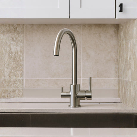 INTU Flair 3 in 1 Filtered Cold Water Kitchen Tap in Brushed Nickel With Swan Neck Life Style