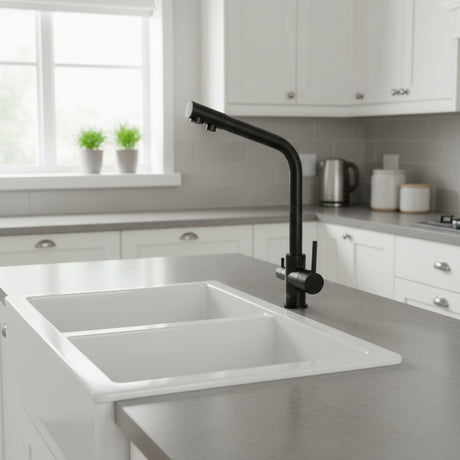 INTU Fusion 3 in 1 Filtered Cold Water Kitchen Tap in Matt Black With Square Neck Life Style