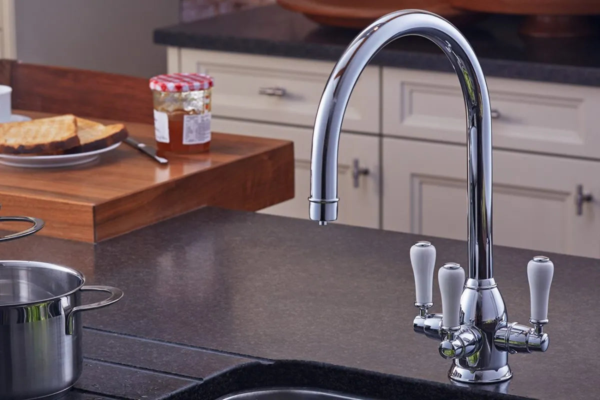 Triflow Concepts Livingstone C Spout 3‑Way Filtration Kitchen Tap in Chrome with White Tipped Triple Lever Control