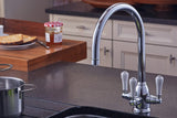 Triflow Concepts Livingstone C Spout 3‑Way Filtration Kitchen Tap in Chrome with White Tipped Triple Lever Control