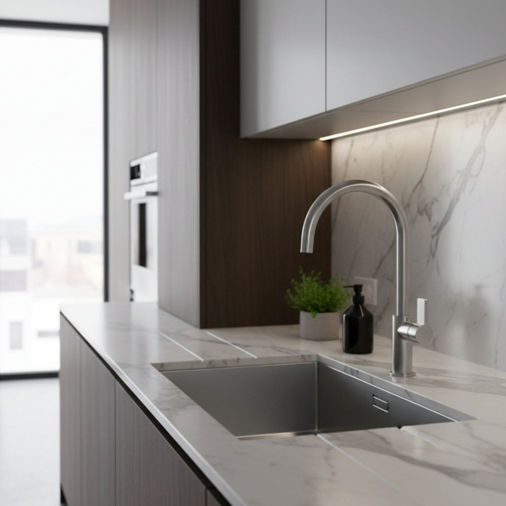 Nobili Flag J Spout Kitchen Tap in Brushed Steel Life Style