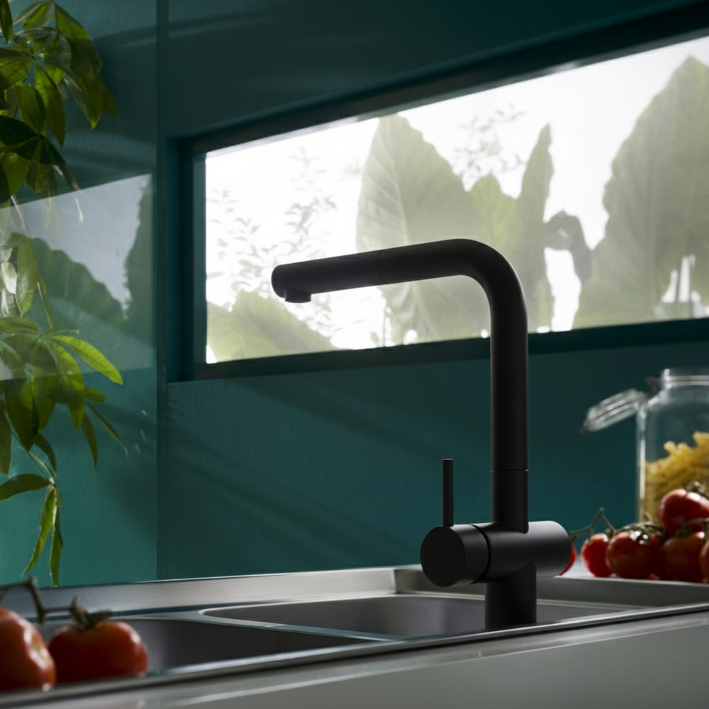 Nobili Live L-Pull Out Spout Kitchen Tap in Matt Black Life Style