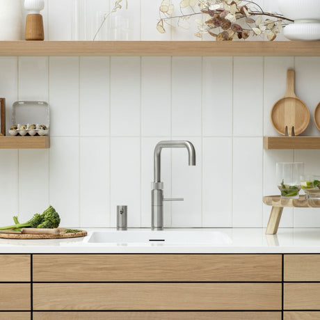 Quooker Fusion Square All-in-One Boiling Hot Cold Kitchen Tap Lifestyle  setting in neutral toned minimal kitchen