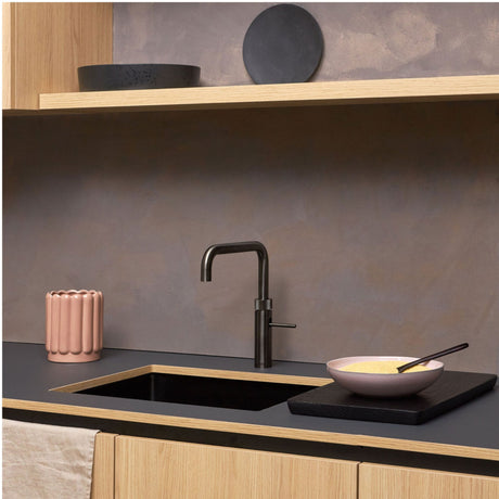 Quooker Fusion Square All-in-One Boiling Hot Cold Kitchen Tap Lifestyle  setting with minimal kitchen design and neutral tones