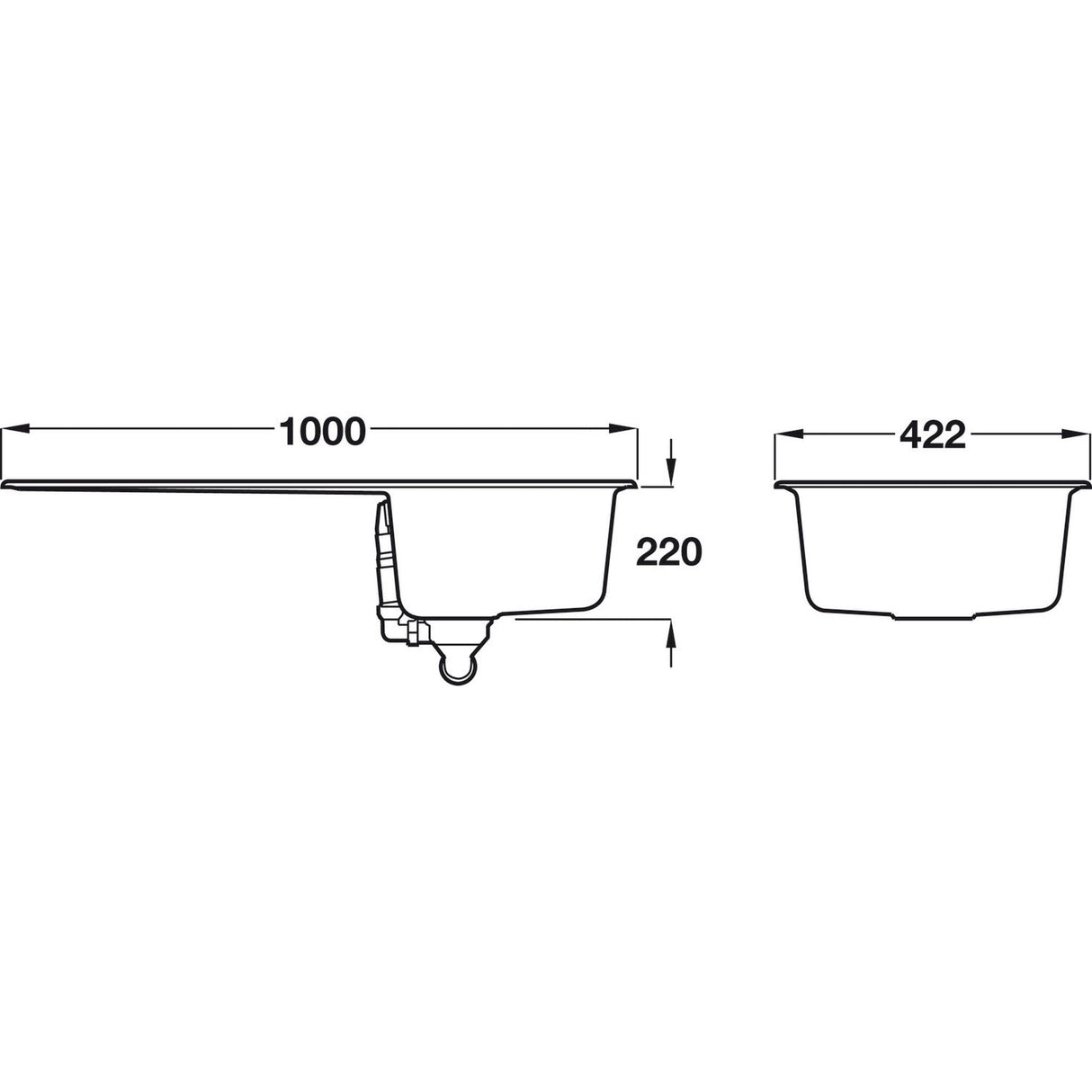 Rangemaster Amethyst Inset Mount Single Bowl with Drainer Sink For 600mm Cabinet in Granite Dimension