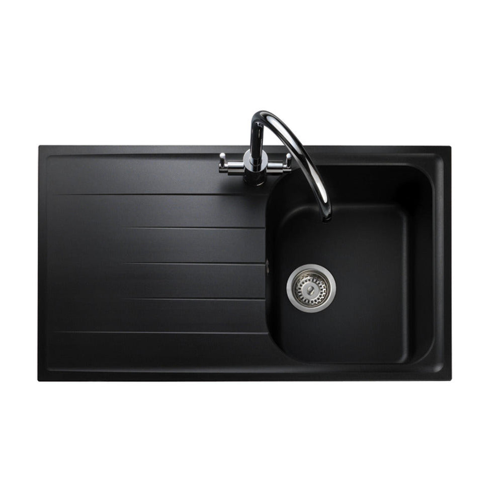 Rangemaster Amethyst Surface Mount Single Bowl with Drainer Sink For 450mm Cabinet in Granite Ash Black 56558521