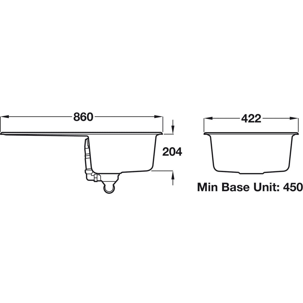 Rangemaster Amethyst Surface Mount Single Bowl with Drainer Sink For 450mm Cabinet in Granite Dimension