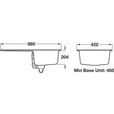 Rangemaster Amethyst Surface Mount Single Bowl with Drainer Sink For 450mm Cabinet in Granite Dimension