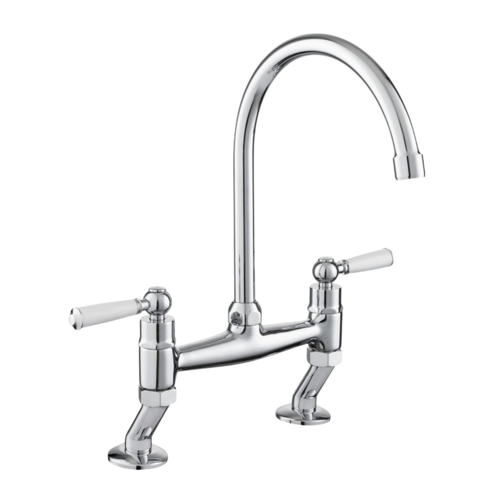 Rangemaster Aquaclassic Belfast Traditional Bridge Tap with Dual Lever in Stainless Steel Brushed Chrome with White
